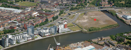 Aerial view of where the retail and leisure developments will be built at Glasgow Harbour